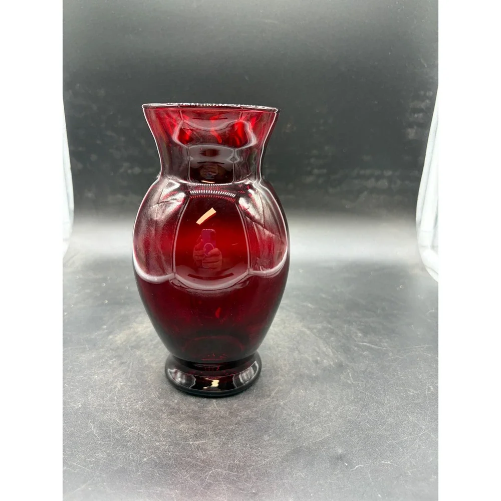 Vintage Ruby Red Glass Vase Paneled Pedestal Base Crimson Flower Bud Vase 6.25in